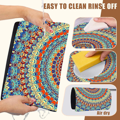 Boho Mandala Ethnic Coffee Mat Absorbent Dish Drying Mat for Kitchen Counter Hide Stain Rubber Backed Coffee Bar Accessories Fit Under Espresso Machine Dish Drainer 11.8 x 19.7 Inch