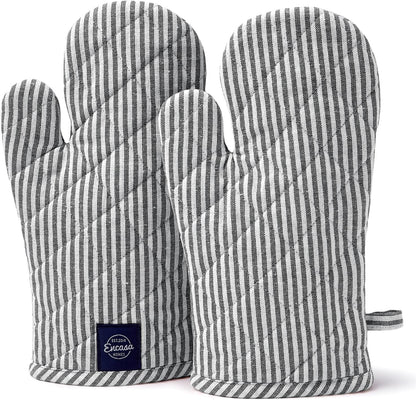 Encasa Homes Long 12"x7" Oven Microwave Hand Gloves Mitts (2 pc Set) for Kitchen Cooking & Baking - Heat Resistant, Thick & Safe, Protection of Hands from Hot Utensils - Ticking Black