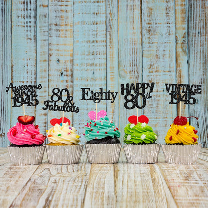 Gyufise 30 Pack Vintage 1945 Cupcake Toppers Glitter Cheers to 80 Fabulous Eighty Cupcake Picks 80th Birthday Wedding Anniversary Party Cake Decorations Supplies Black