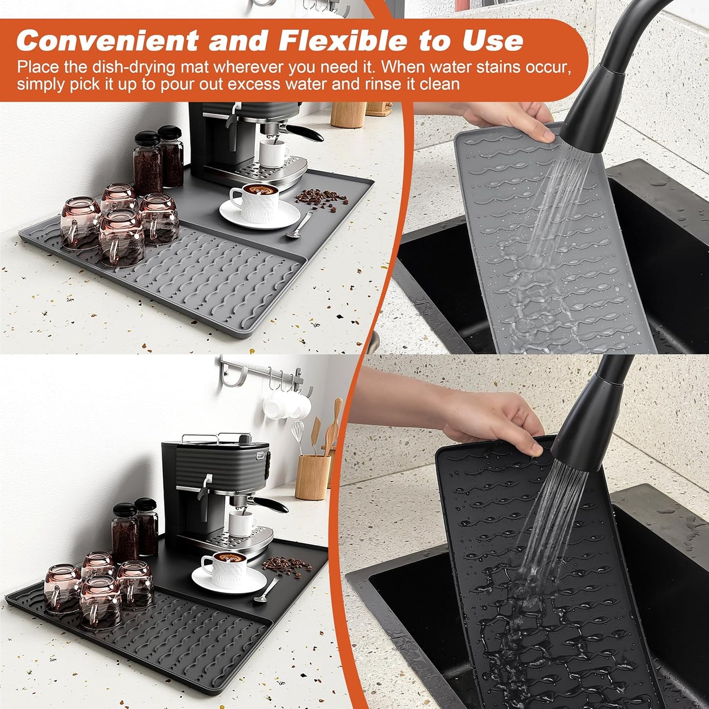 Silicone Coffee Mat, 24 x 16 Inch Non-Slip Heat Resistant, Large and Small Combination Bar Mat, Convex Edge Spill Resistant Design for Coffee Machines and Kitchen Countertops,Wavy Gray