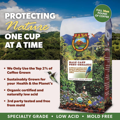 Low Acid Organic Coffee – Whole Bean, Mold-Free & Stomach Friendly by Java Planet, Peruvian Single Origin Half Caff Coffee, Medium Dark Roast, Arabica Gourmet Coffee Grade A, 1LB Bag