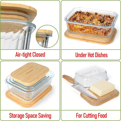 Ribbed Glass Tupperware Set with Bamboo Lids - 4 Stackable Meal Prep Containers. Durable heat resistant Inert Borosilicate Glass