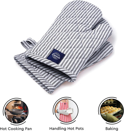 Encasa Homes Long 12"x7" Oven Microwave Hand Gloves Mitts (2 pc Set) for Kitchen Cooking & Baking - Heat Resistant, Thick & Safe, Protection of Hands from Hot Utensils - Ticking Navy Blue