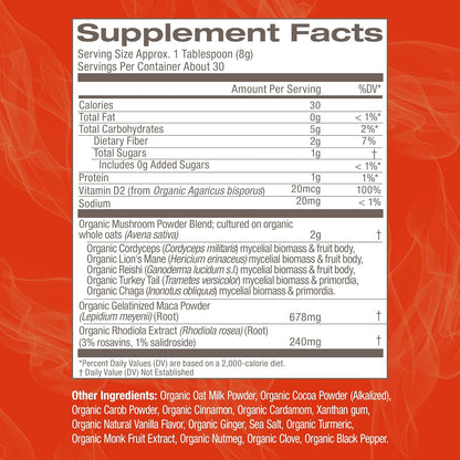 OM MUSHROOM SUPERFOOD Morning Energy Blend Mushroom Powder Drink, 8.47 Ounce Canister, Coffee Free Energy Drink with Cordyceps, Vitamin D2, Agaricus Bisporus, Lion's Mane, Rhodiola, and Turkey Tail
