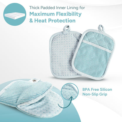 Casa Platino Oven Mitts and Pot Holders Sets, 8-Piece – 500°F Heat Resistant Mini Oven Mitts with Silicone Grip, Potholders for Kitchens, 2 Kitchen Towels & 2 Dish Cloths – Non-Slip & Durable – Aqua