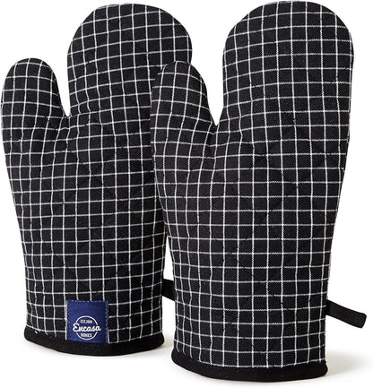 Encasa Homes Long 12" Oven Microwave Hand Gloves Mitts (2 pc Set) for Kitchen Cooking & Baking - Heat Resistant, Thick & Safe, Protection of Hands from Hot Utensils - Butcher Checks Black