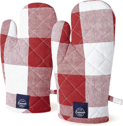 Encasa XO Long 12"x7" Oven Microwave Hand Gloves Mitts (2 pc Set) for Kitchen Cooking & Baking - Heat Resistant, Thick & Safe, Protection of Hands from Hot Utensils - Buffalo Red Checks