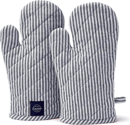 Encasa Homes Long 12"x7" Oven Microwave Hand Gloves Mitts (2 pc Set) for Kitchen Cooking & Baking - Heat Resistant, Thick & Safe, Protection of Hands from Hot Utensils - Ticking Navy Blue