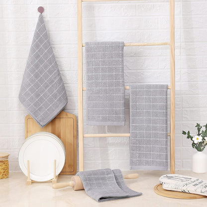 Homaxy 100% Cotton Terry Kitchen Towels(Light Grey, 13 x 28 inches), Checkered Designed, Soft and Super Absorbent Dish Towels, 6 Pack
