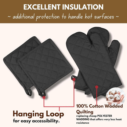 Native Fab Pot Holders and Oven Mitts Sets for Kitchen Heat Resistant - Hanging Non-Slip - 100% Cotton Kitchen Oven Mitts and Pot Holders 4-Piece Set - Black