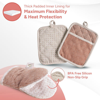 Casa Platino Cute Oven Mitts & Pot Holders, 4-Piece – Oven Mitts Heat Resistant for Grilling & Baking, Pot Holder for Hot Cookware & Microwave – Withstands Up to 500°F, Non-Slip – Canyon Rose