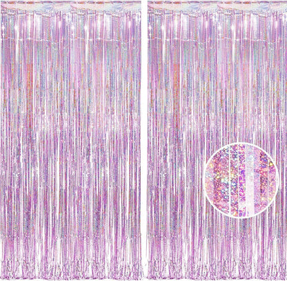 BRAVESHINE Pink Streamers Tinsel Foil Fringe Curtains - 2Pcs 3.2x8.2ft Metallic Photo Booths Backdrop for Girl/Princess/Birthday/Bridal Shower/Engagement/Bachelorette/Boo/Halloween Party Decorations