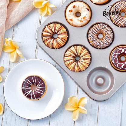 Donut Pan, 12-Cavity Non-Stick Dount Mold Cake Pan Pattern Doughnut Bakeware for Oven Baking (Champagne Gold)