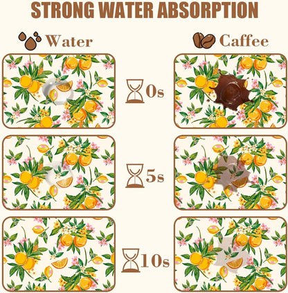 Dish Drying Mat Orange Fruit Floral Coffee Bar Mat for Countertop Absorbent Hide Stain Rubber Backed Dish Drainer Rack Pad Espresso Machine Dining Room Decoration 11.8 x 19.7 Inch