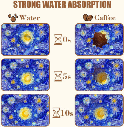 Starry Night Coffee Mat Absorbent Dish Drying Mat for Kitchen Counter Hide Stain Rubber Backed Coffee Bar Accessories Fit Under Espresso Machine Dish Rack, 11.8 x 19.7 Inch