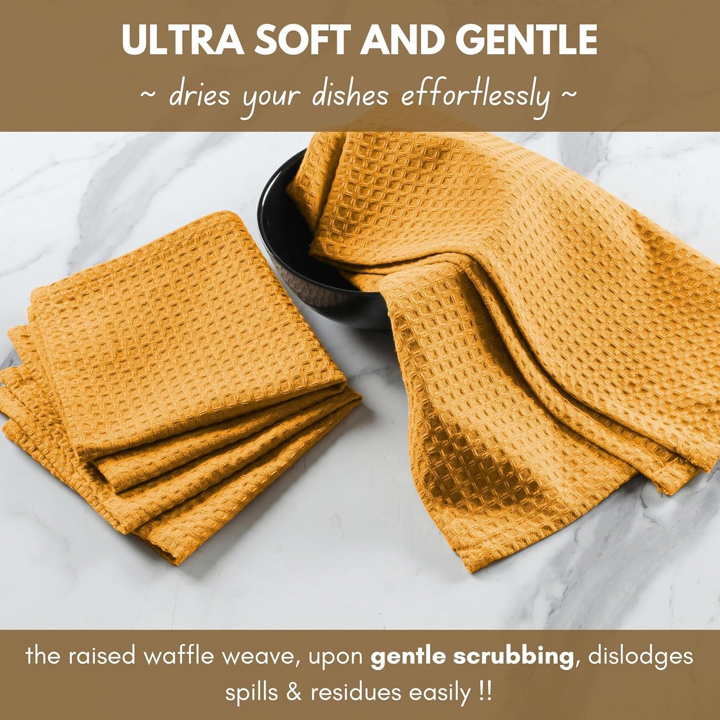 Native Fab 18 Pack Waffle Dish Cloths - 100% Cotton, Absorbent, Quick Drying, Washable Towels for Cleaning, Cooking, Baking - Great for Home, Restaurants, Bars & Cafes - 12 x 12 inch, Mustard Yellow