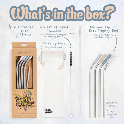 Premium Reusable Stainless Steel Drinking Straws With Silicone Tips + Patented Straw Cleaners and Carrying Case - 9” Long Metal With Curved Bend for 20/30/32oz Tumblers - Natural Colors