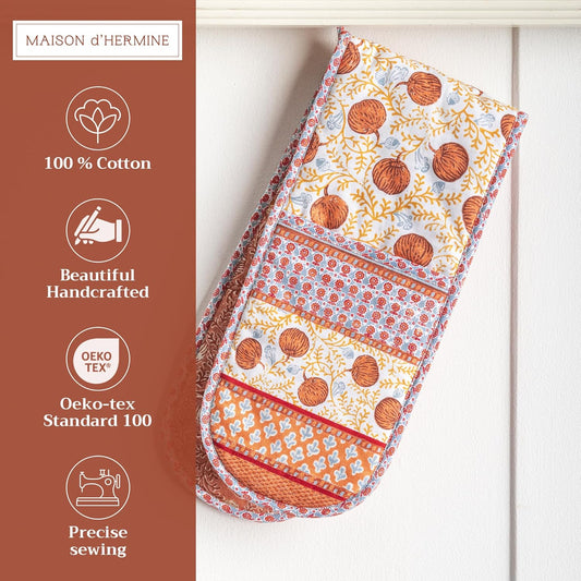 Maison d' Hermine Double Oven Mitts 100% Cotton 7"x35" Double Oven Mitt Heat Resistant BBQ Cooking Gloves with Loop, Baking, Grilling, Home, Kitchen, Handling Hot Pans (Harvest Festival)