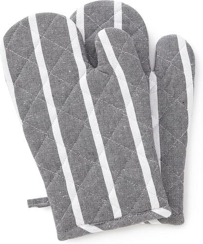 Encasa XO Long 12"x7" Oven Microwave Hand Gloves Mitts (2 pc Set) for Kitchen Cooking & Baking - Heat Resistant, Thick & Safe, Protection of Hands from Hot Utensils - Roma Grey Stripes