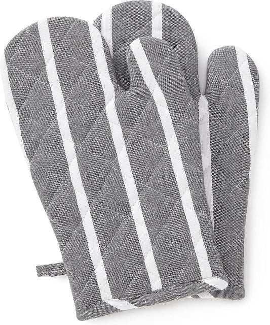 Encasa XO Long 12"x7" Oven Microwave Hand Gloves Mitts (2 pc Set) for Kitchen Cooking & Baking - Heat Resistant, Thick & Safe, Protection of Hands from Hot Utensils - Roma Grey Stripes