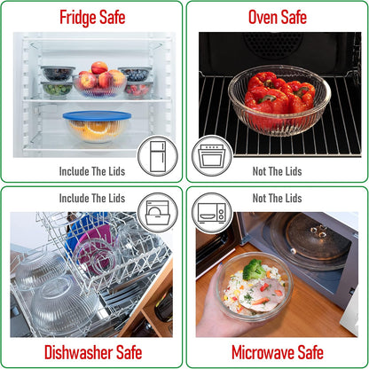 Set of 6 Stackable Space-Saving Nesting Glass Bowls with BPA Free Lids for Foodprep, Storage, Baking, Mixing & Cooking, Microwave Safe - Durable Inert Borosilicate Glass