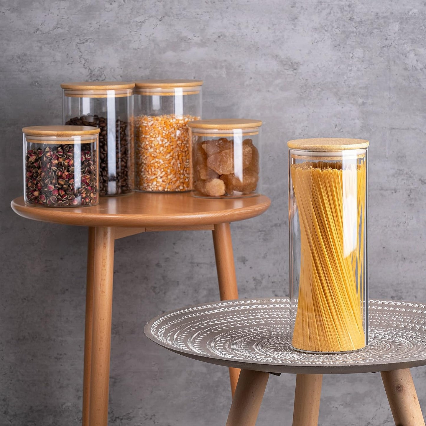 YUNCANG Glass Storage Jars [Set of 5],Clear Glass Food Storage Containers with Airtight Bamboo Lid Stackable Kitchen Canisters for Candy,Cookie,Rice,Sugar,Flour,Pasta,Nuts and Spice Jars