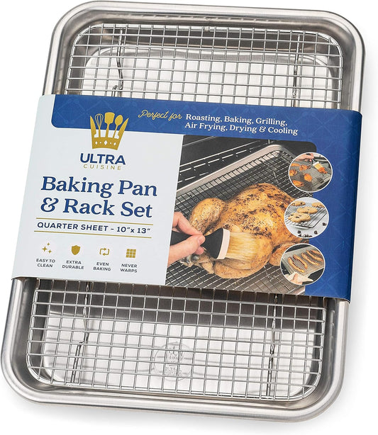 Ultra Cuisine Quarter Sheet Pan with Wire Rack Set - Includes Premium Aluminum Baking Sheet with 100% Stainless Steel Baking Rack, Dishwasher Safe Cookie Cooling Racks with 1/4 Pan Commercial Quality