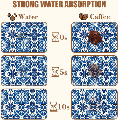 Dish Drying Mat Blue Portuguese Tiles Coffee Bar Mat for Countertop - Absorbent Rubber Backed Hide Stain Dish Drainer Rack - Coffee Maker Pot Dining Room Decoration 15.7 x 23.6 Inch