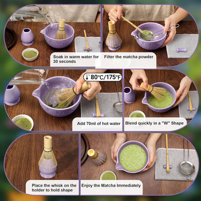 Matcha Whisk Ceramic Matcha Whisk Set Bamboo Whisk, Bowl With Spout, Powder Starter Sifter, Ceramic Whisk Holder, Tea Towel, Scoop and Scoop Rest for Matcha Tea Ceremony Purple