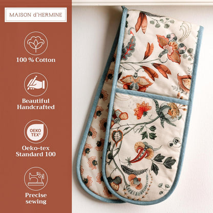 Maison d' Hermine Double Oven Mitts 100% Cotton 7"x35" Double Oven Mitt Heat Resistant BBQ Cooking Gloves with Loop, Baking, Grilling, Home, Kitchen, Handling Hot Pans (Dalida)