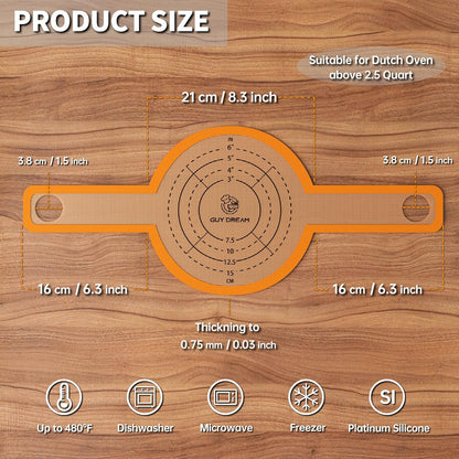 GUYDREMAT Silicone Baking Mat for Dutch Oven 2PCs - Non-stick Bread Sling - 8.3 Inch Reusable Bread Baking Mat – Silicone Cast in Iron Oven Liner with Long Handles for Artisan Bread