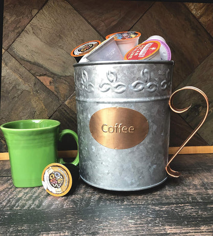 Autumn Alley Farmhouse Coffee Pod Holder Organizer – Galvanized Dual Toned Rustic Farmhouse Décor Basket for Counter – Vintage Copper Label & Handle – Industrial Chic Country Décor Accessories
