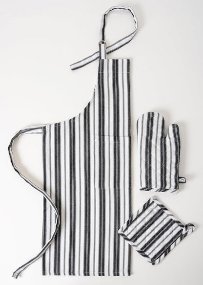 1 Oven Mitt, 1 PotHolder & 1 Kitchen Apron Set - Durable Heat Resistant Gloves - Thick Mittens for Kitchen - Suitable for Cooking, Baking, Grilling – for Men & Women – Black Stripes - Casa De Lan