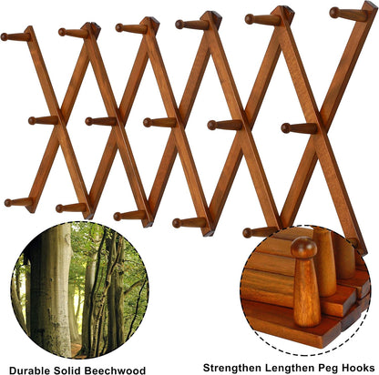 Dseap Accordian Wall Hanger: 16” High Wooden Wall Expandable Coat Rack, Hat Rack Holder, Accordion Hook for Baseball Caps, Coats, Mugs, 17 Peg Hooks, Brown