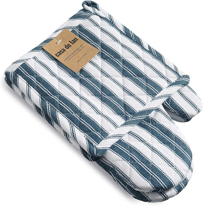 Oven Mitt & Potholder Set - Durable Heat Resistant Gloves - Thick Mittens for Kitchen - Suitable for Cooking, Baking, Grilling – BBQ - 1 Oven Mitts & 1 Potholders – Navy Blue Stripes - Casa De Lan