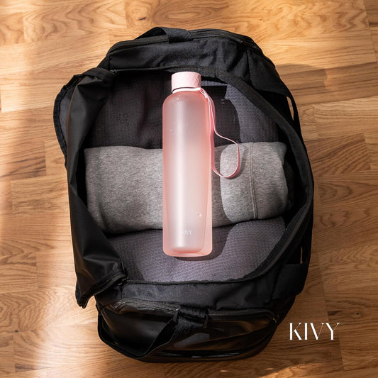 KIVY Slim Water Bottle 32oz [Lightweight & Shatterproof] Fits Backpack & Cupholder for Travel, Sports, School, Gym - Rose gold, Pink bottle no straw - Gym water bottle for women - Dishwasher Safe