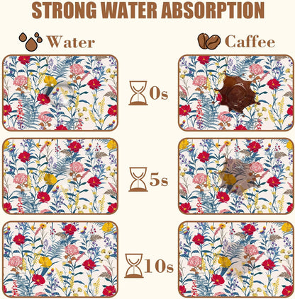 Dish Drying Mat Spring Flowers Coffee Bar Mat for Countertop Botanical Coffee Mat Absorbent Rubber Backed Hide Stain Dish Drainer Rack Mat Coffee Maker Coffee Pot Dining Room Decor 15.7 x 23.6 Inch