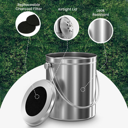 Utopia Kitchen Compost Bin for Kitchen Countertop, 1 Gallon Compost Bucket for Kitchen with Lid, Includes 1 Spare Charcoal Filter (Silver)