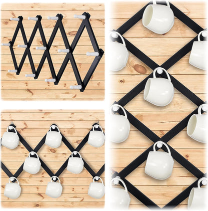 Dseap Accordian Wall Hanger: 16” High Wooden Wall Expandable Coat Rack, Hat Rack Holder, Accordion Hook for Baseball Caps, Coats, Mugs, 13 Peg Hooks, Black & White