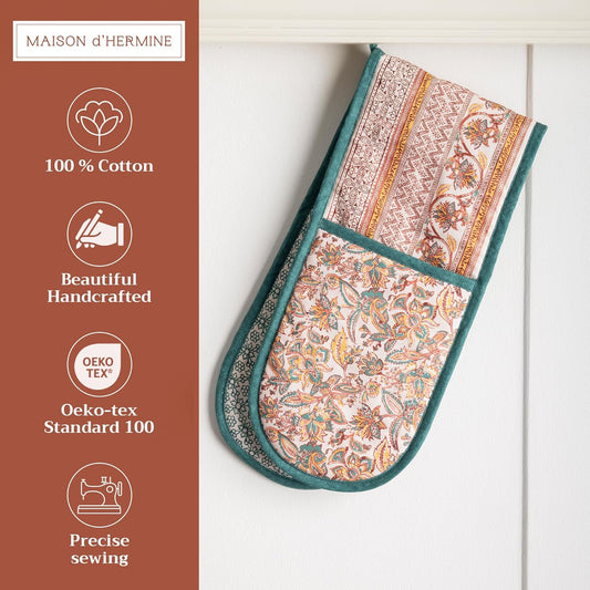 Maison d' Hermine Double Oven Mitts 100% Cotton 7"x35" Double Oven Mitt Heat Resistant BBQ Cooking Gloves with Loop, Baking, Grilling, Home, Kitchen, Handling Hot Pans (Nila)