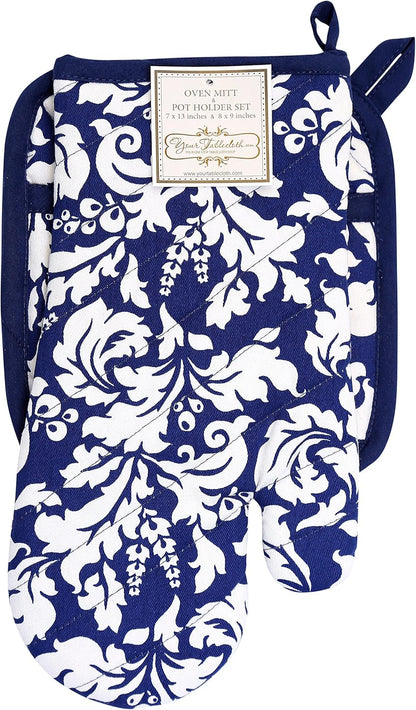 Yourtablecloth Set of Oven Mitt and Pot Holder or Oven Gloves-100% Cotton, High Heat Resistance, Superior Protection & Comfort–Elegant Design-Machine Washable-Nautical Blue
