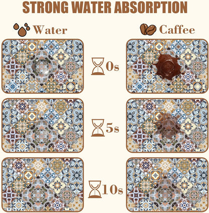 Retro Colorful Tiles Dish Drying Mat for Kitchen Counter Floral Coffee Mat Hide Stain Absorbent Drying Rack Pad with Rubber Backed Espresso Machine Coffee Bar Accessories 11.8 x 19.7 Inch