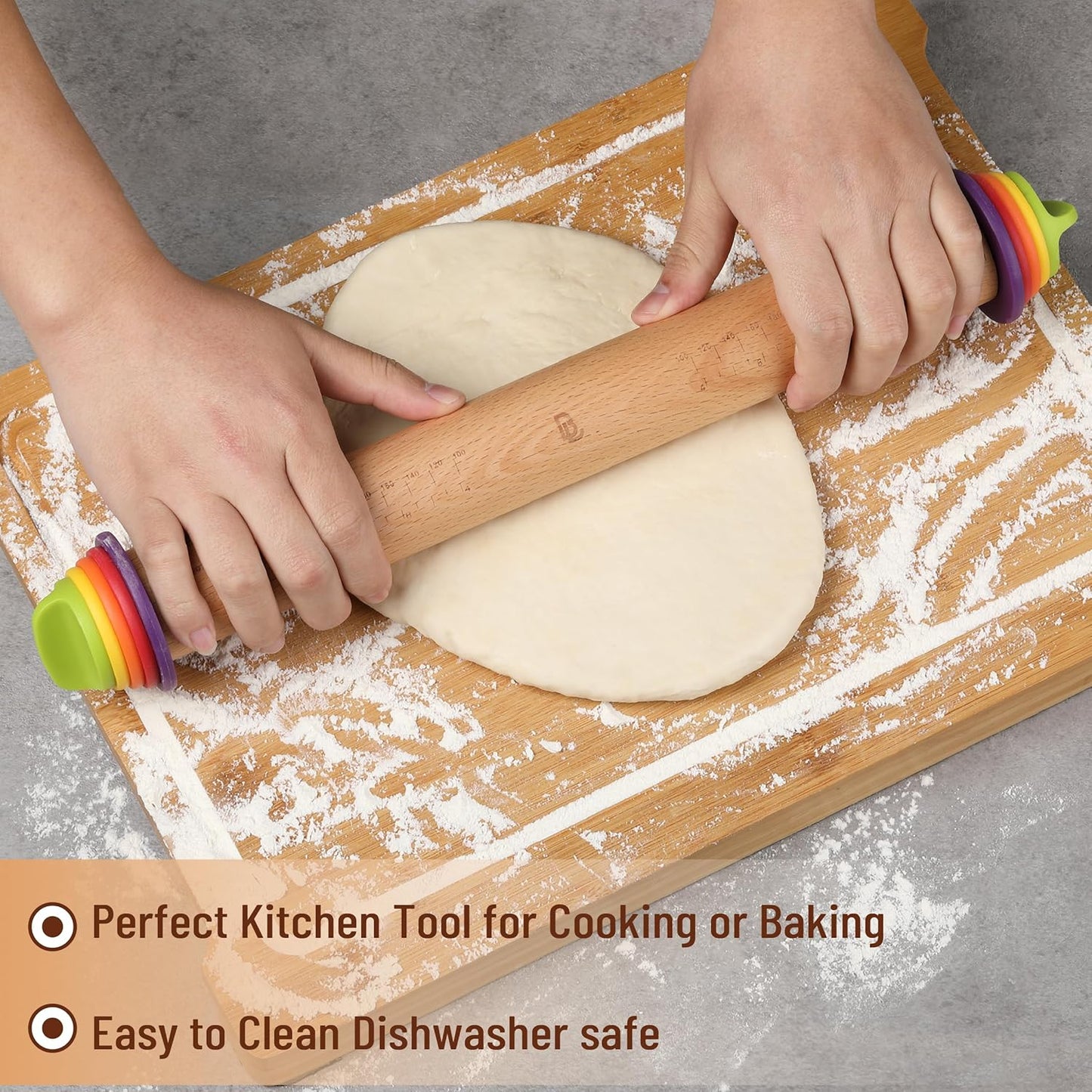 Bamboo Land- Adjustable Rolling Pin with Thickness Rings for Baking, 13.8", 4 Colorful Thickness Rings (2-10 mm or 1/16"-3/8"), Wood Rolling Pins for Baking, Bread, Pizza & Cookie Doughs