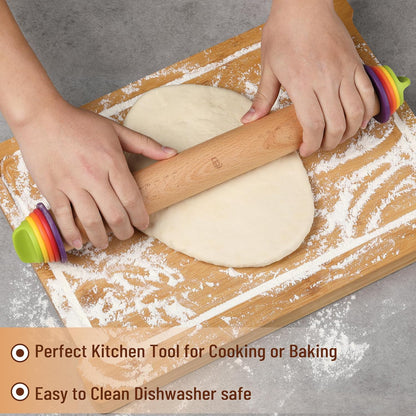 Bamboo Land- Adjustable Rolling Pin with Thickness Rings for Baking, 13.8", 4 Colorful Thickness Rings (2-10 mm or 1/16"-3/8"), Wood Rolling Pins for Baking, Bread, Pizza & Cookie Doughs