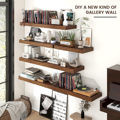 Floating Shelves - 2 Large Wall Mounted Shelves with Invisible Brackets, Long Wood Floating Wall Shelf for Living Room, Bedroom, Kitchen, (Brown, 24" W x 9" D x 1.5" H)