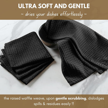 Native Fab 6 Pack Waffle Dish Cloths - 12x12 inches, 100% Cotton, Soft, Absorbent & Quick Drying Towels for Cleaning, Cooking & Baking - Great for Home, Restaurants, Bars, Multipurpose Use - Black
