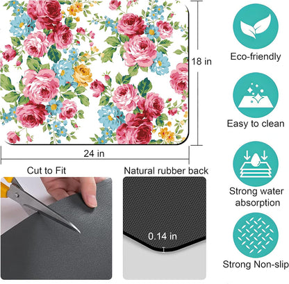 Rubber Dish Drying Mat for Kitchen Counter Large Pink Red Roses Floral Washable Quick Home Coffee Pad Fit Under Sink,Bar,Utensils 18x24in