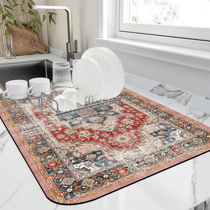 Dish Drying Mat Persian Style Textile Rug Texture Dish Drying Pad,16"X24"Bsorbent Coffee Mat for Sink Dishes or Under Rack Kitchen Counter Accessories Absorbent Hide Stain Drying Mat