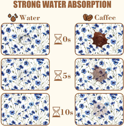 Watercolor Blue Cornflower Dish Drying Mat for Kitchen Counter Floral Coffee Bar Mat Hide Stain Absorbent Rubber Backed Drying Rack Pad Coffee Pot Espresso Machine Table Accessories 11.8 x 19.7 Inch