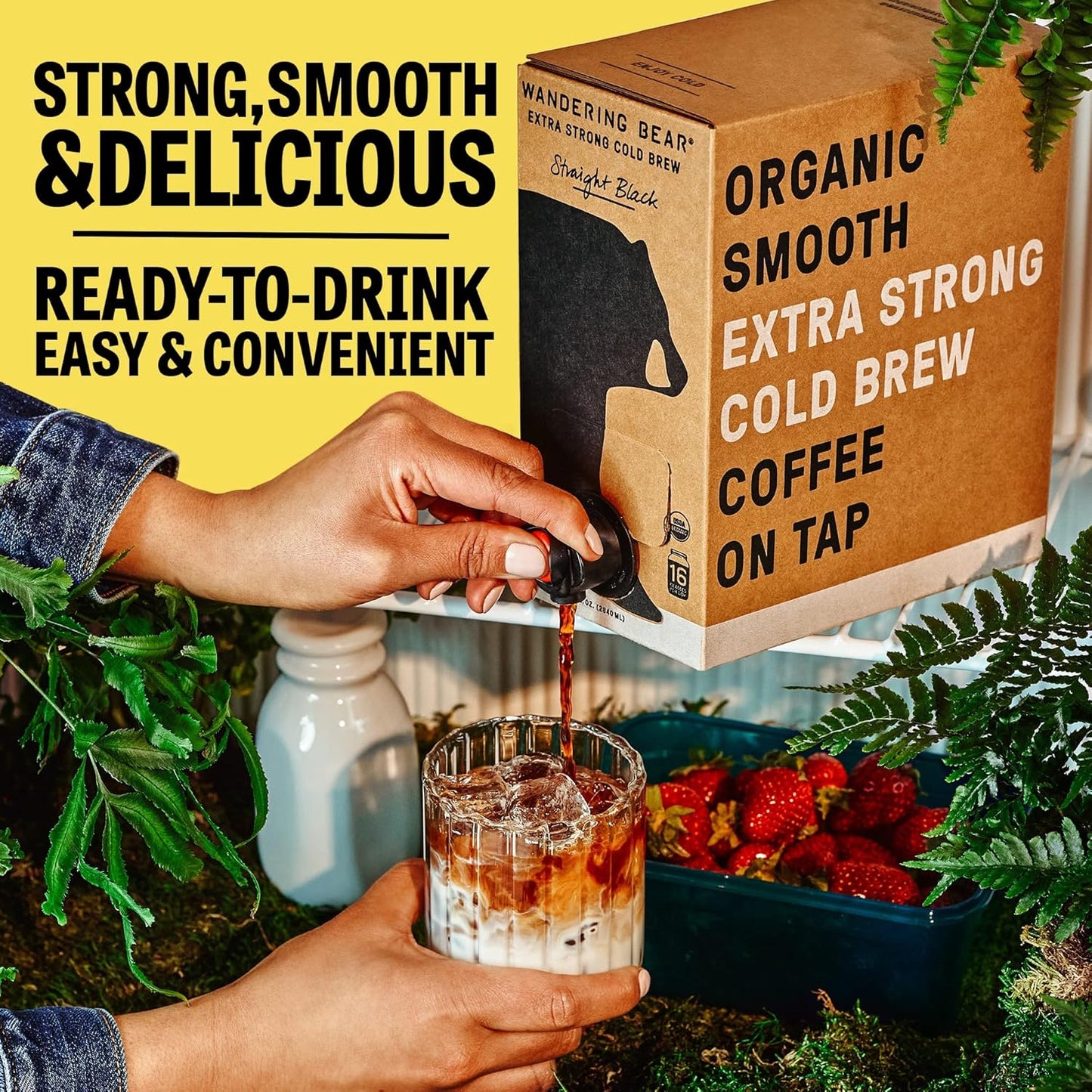 Wandering Bear Straight Black Organic Cold Brew Coffee On Tap, 128 fl oz (1 gallon) - Extra Strong, Bold, Smooth, Unsweetened, Shelf-Stable, Ready to Drink, 100% Organic Iced Cold Brewed Coffee Drinks